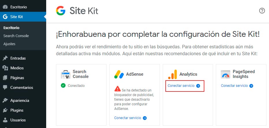 Cómo conectar Google Site Kit con Google Analytics