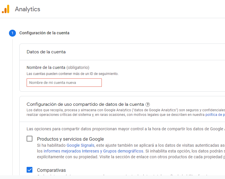 Configuración de la cuenta de Google Analytics
